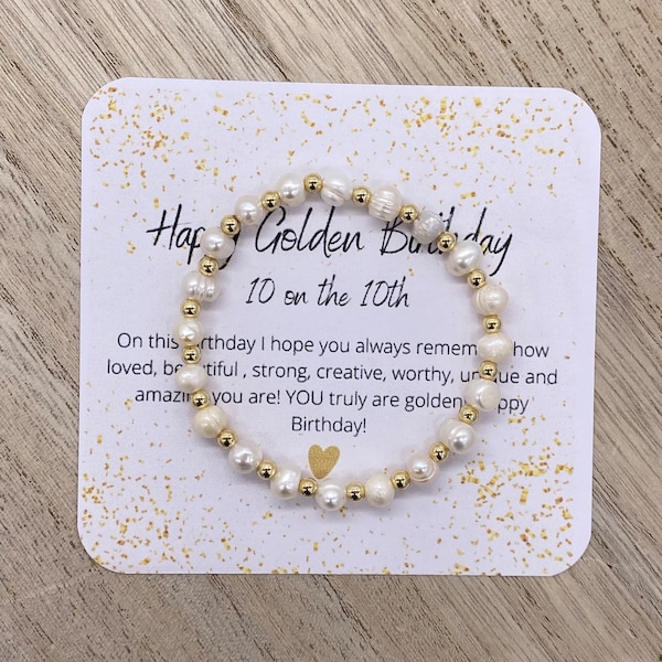 Golden birthday freshwater pearl and gold stretch bracelet, golden birthday gift bracelet with card birthday girl