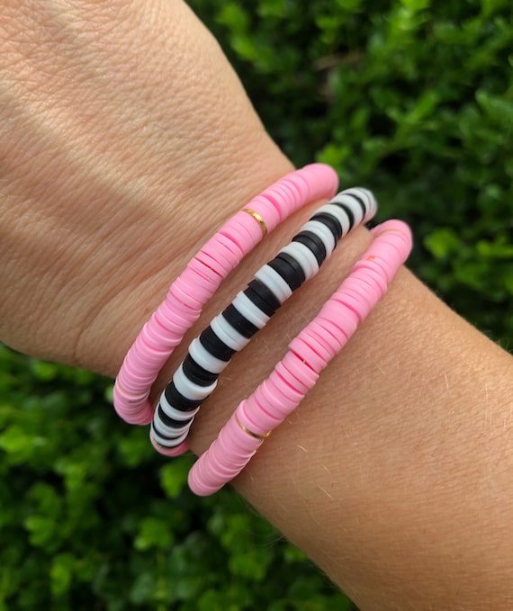 Memory wire double wrap heishi style bracelet pink white black jewelry tree  of life charm bracelet