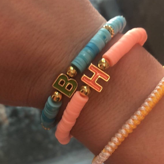 Personalized Bracelet W Enamel Letter Charm Clay Disc Beads