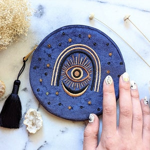 Third Eye Embroidered Velvet Pouch Clutch, Handbag, Blue Velvet Tassel Coin Purse, Tarot Bag, Makeup Bag, Card Pouch, Goddess Provisions image 2