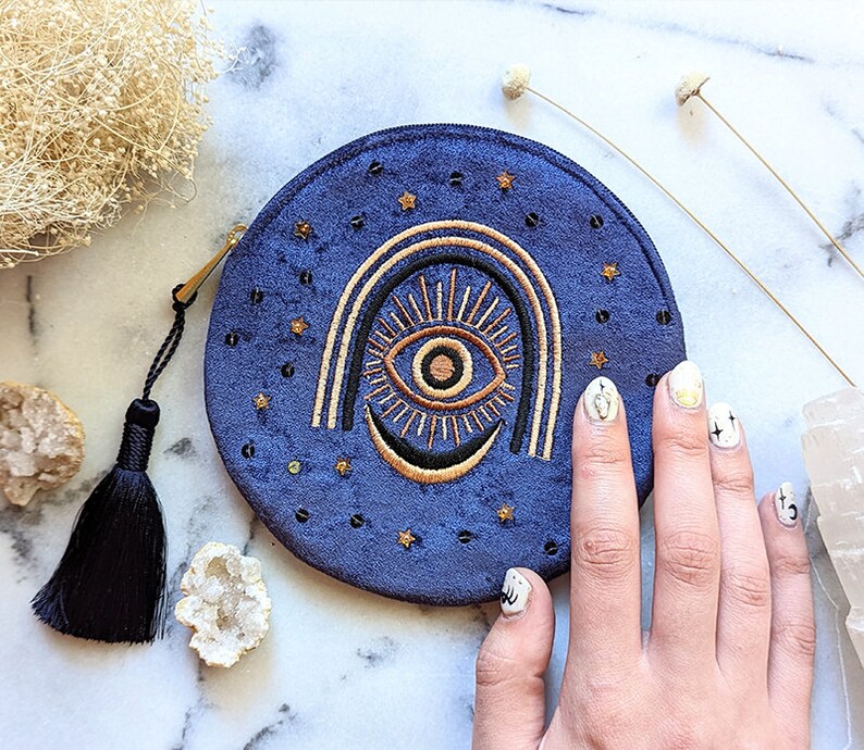 Third Eye Embroidered Velvet Pouch Clutch, Handbag, Blue Velvet Tassel Coin Purse, Tarot Bag, Makeup Bag, Card Pouch, Goddess Provisions image 2