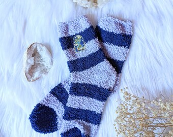 Organic Moon Socks - Moon Fuzzy Socks, Celestial Socks, Sun Moon Socks, Purple Blue Striped Socks, Witchy Socks, Moon Slippers