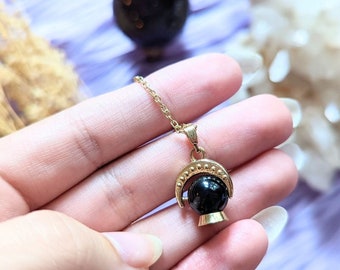 14K gold Crystal Ball Necklace - Obsidian Necklace, Crescent Moon Crystal Chocker, Divination, Witchy, Scrying Goddess Provisions
