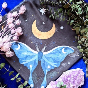 Moon Moth Scarf - Vegan Silk, Veiling, Altar Cloth, Tarot Mat, Ritual Veil, Moth, Cottagecore, Head Scarf, Recycled Eco, Pagan Veil