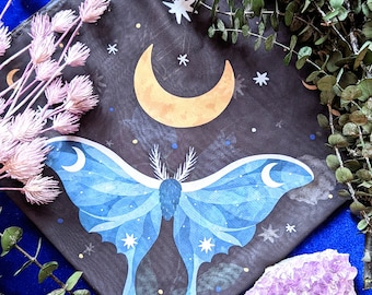 Moon Moth Scarf - Vegan Silk, Veiling, Altar Cloth, Tarot Mat, Ritual Veil, Moth, Cottagecore, Head Scarf, Recycled Eco, Pagan Veil