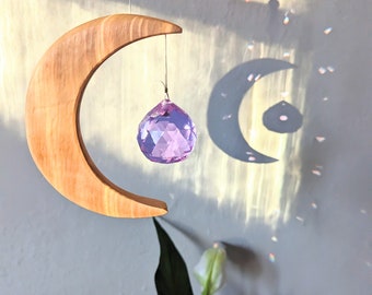 Crescent Moon Rainbow Maker - Crystal Prism, Window Decor, Witchy Decor, Moon Phase Art, Rainbow Prism, Wood Moon, Celestial, Witchy Gift