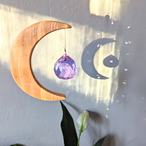 Crescent Moon Rainbow Maker - Crystal Prism, Window Decor, Witchy Decor, Moon Phase Art, Rainbow Prism, Wood Moon, Celestial, Witchy Gift