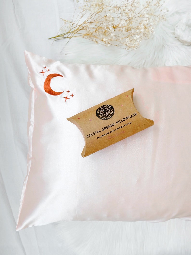 Pink Vegan Silk Pillowcase Recycled Polyester, Anti Aging, Wellness Gift, Crystal Pouch, Dream Tool, Divine Feminine, Witchy Decor, Pillow image 4