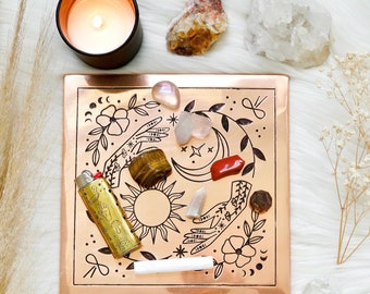 Copper Crystal Charging Plate - Altar Tool, Candle Plate, Energy Cleansing, Sun and Moon, Ritual Magic, Witchy Decor, Engraved Design