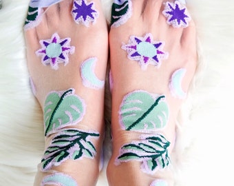 Crystal Plant Lover Green Witch Sheer Embroidered Socks, Purple Green Socks, Fashion Socks, Crystal Socks, Plant Socks, Lavender Socks