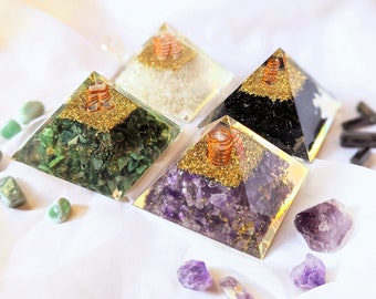 Orgonite Pyramid - Healing Crystal, Brass, Copper, Resin, Aura Cleansing, Crystal Gift, Witchy Gift, EMF Protection