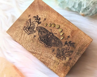 Fairy Fortune Mango Wood Box - Moth, Moon, Treasure Box, Brass Moon Phases, Keepsake Box, Altar Box, Witchy Gift, Crystal Collection Box