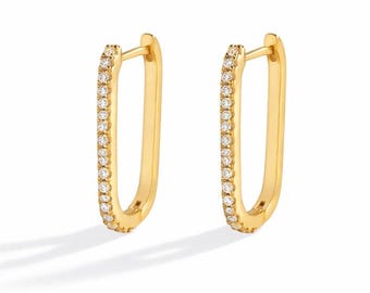 Fyrkantiga diamantörhängen, diamantörhängen i 14 karat guld, smala diamantörhängen i pave, fina minimalistiska guldörhängen, lyxig gåva för vardagsbruk
