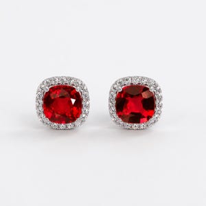 Ruby Cushion Cut Stud Earrings, Lab Created Ruby Earrings, White Gold Halo Studs, Diamond Halo Earrings, July Birthstone Gift for Her