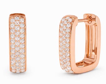 14K fyrkantiga diamantörhängen, 14k diamantpave Huggie-örhängen, guldringar, present till henne, vardagsringar
