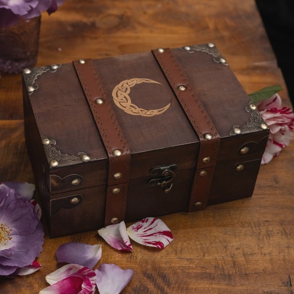 Celtic Crescent Treasure Box, Small Wood and Leather Decorative Chest, Velvet Lining Vintage Box (8.3 x 5.3 x 3.7 in)