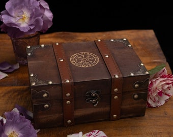 Vegvisir The Runic Viking Compass Treasure Box, Small Wood and Leather Decorative Chest, Velvet Lining Vintage Box (8.3 x 5.3 x 3.7 in)