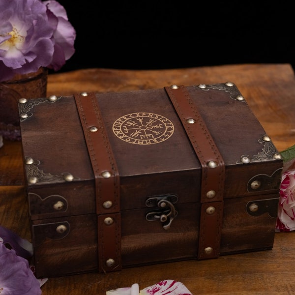 Vegvisir The Runic Viking Compass Treasure Box, Small Wood and Leather Decorative Chest, Velvet Lining Vintage Box (8.3 x 5.3 x 3.7 in)