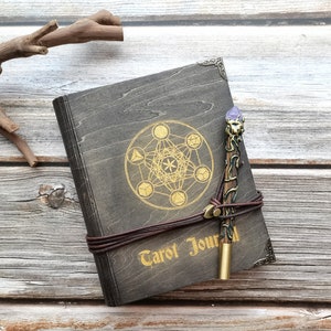 A5 Metatrons Cube Wooden Cover Journal, Black Book of Shadows, Personalized Color Blank Books Parchment Paper