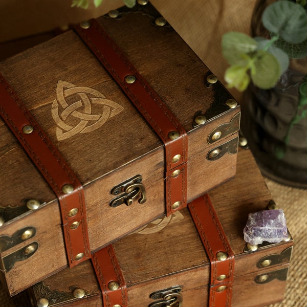 Celtic Triquetra Knot Treasure Box, Small Wood and Leather Decorative Chest, Velvet Lining Vintage Box (8.3 x 5.3 x 3.7 in)
