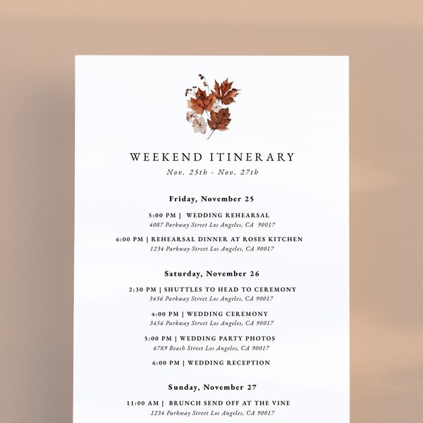 Fall Wedding Itinerary Template Minimalist Wedding Weekend Timeline Autumn Fall Schedule of Events Card Editable Printable Template | RUSTIC