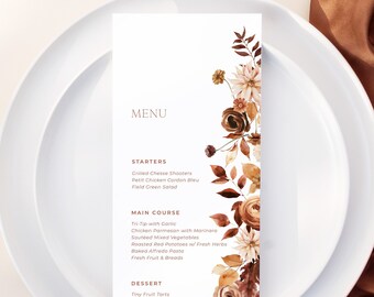 Wedding Menu Template, Minimalist Autumn Menu Card Editable Template Download, Printable Boho Fall Dinner Menu, Fall Floral Menu 4x9 | FALL