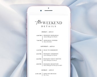 Modèle d'itinéraire de mariage numérique Télécharger Calendrier de week-end de mariage minimaliste moderne Calendrier des événements Modèle modifiable de texte | WI-A