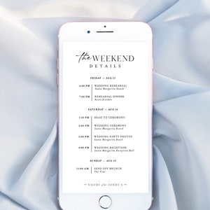 Digital Wedding Itinerary Template Download Modern Minimalist Wedding Weekend Timeline Schedule of Events Text Editable Template | WI-A