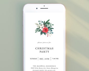 May include: A white smartphone displays a Christmas party invitation. The invitation features a floral arrangement with red and white flowers, green leaves, and the text "CHRISTMAS PARTY." Details include the date, time, and RSVP information.