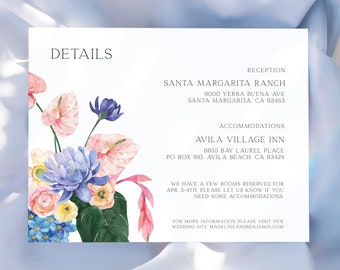 May include: Wedding invitation with a floral design featuring pink, blue, and yellow flowers. The invitation includes details for the reception at Santa Margarita Ranch and accommodations at Avila Village Inn. The text "LO BEHOLD" is at the top of the invitation.
