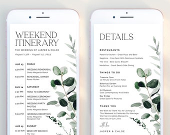 CYPRESS | Wedding Weekend Digital Itinerary Template Editable Schedule Minimalist Greenery Wedding Party Weekend Timeline Text Evite