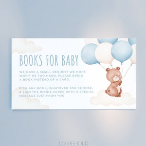 TEDDY | Blue Bear Books For Baby Card Template Baby Shower Bear With Balloon Baby Book Enclosure Card Insert Printable Editable Template