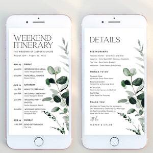 CYPRESS | Wedding Weekend Digital Itinerary Template Editable Schedule Minimalist Greenery Wedding Party Weekend Timeline Text Evite