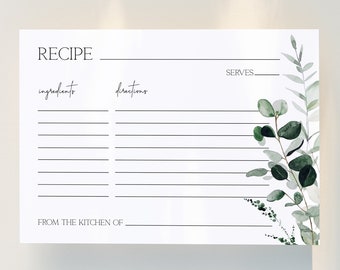 CYPRESS | Greenery Recipe Card Template DIY Instant Download Minimalist Modern Bridal Shower Recipe Insert Printable Card Editable Template