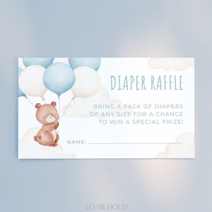 TEDDY | Blue Bear Diaper Raffle Ticket Template Download Baby Shower Bear With Balloon Diaper Raffle Card Insert Editable Printable Template