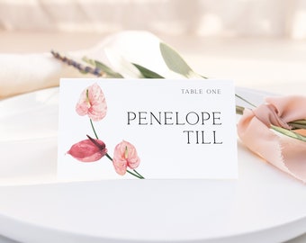 Place Card Template, Pink Floral Wedding Place Card, Editable Printable Tented Table Name Cards, Blush Minimalist Floral Place Cards | LOVE