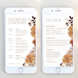 MAPLE | Autumn Wedding Weekend Digital Itinerary Template Editable Schedule Rustic Fall Leaves Wedding Party Weekend Timeline Text Evite