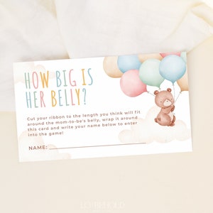 TEDDY | How Big Is Her Belly Card Baby Shower Game Bear With Balloon How Big Is Mommy's Belly Card Printable Editable Template