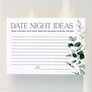 CYPRESS | Date Night Ideas Bridal Shower Cards Editable Template Download Modern Minimalist Greenery Wedding Date Night Advice Printable