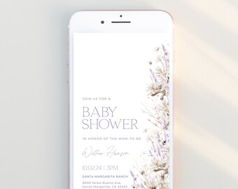 May include: A digital invitation for a baby shower with a floral design. The invitation reads "Join us for a Baby Shower in honour of the mom-to-be Willow Hansen 10.02.24 | 3PM Santa Margarita Ranch 5000 Yerba Bueno Ave Santa Margarita, CA 93453"