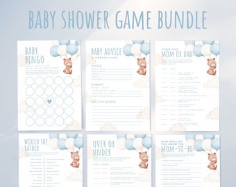 TEDDY | 15 Baby Shower Games Bundle Template Blue Bear With Balloon Baby Shower Game Package Printable Activities Editable Template Set