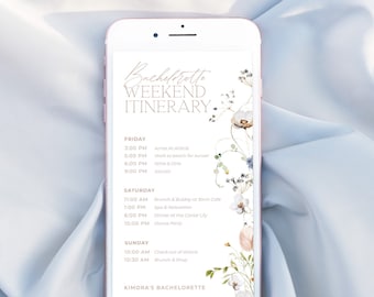 ENCHANTED | Bachelorette Weekend Digital Itinerary Template Editable Schedule Minimal Floral Bridal Party Weekend Timeline Text Evite
