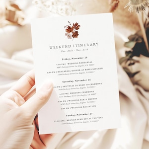 Fall Wedding Itinerary Template Minimalist Wedding Weekend Timeline Autumn Fall Schedule of Events Card Editable Printable Template | RUSTIC