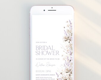 May include: A digital invitation for a bridal shower for Willow Herzen. The invitation features a floral design with white flowers and purple lavender. The text reads "Join us for a Bridal Shower in honour of the bride-to-be Willow Herzen 10.02.24 3PM Santa Margarita Ranch 9000 Yerba Buena Ave, Santa Margarita, CA 93453"