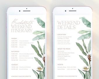 May include: A digital phone screen displaying a bachelorette weekend itinerary and details. The itinerary includes a list of activities for Friday, Saturday, and Sunday. The details include the location, what to pack, and host contact information. The background features a tropical leaf design.