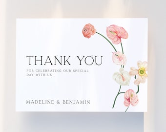 Wedding Thank You Card Template, Spring Floral Printable Thank You, Editable Pink Minimalist Floral Wedding Thank You Card, Folded | LOVE