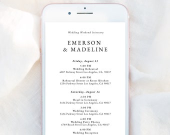 CLASSIC | Wedding Weekend Digital Itinerary Template Minimalist Editable Schedule Simple Elegant Wedding Party Weekend Timeline Text Evite