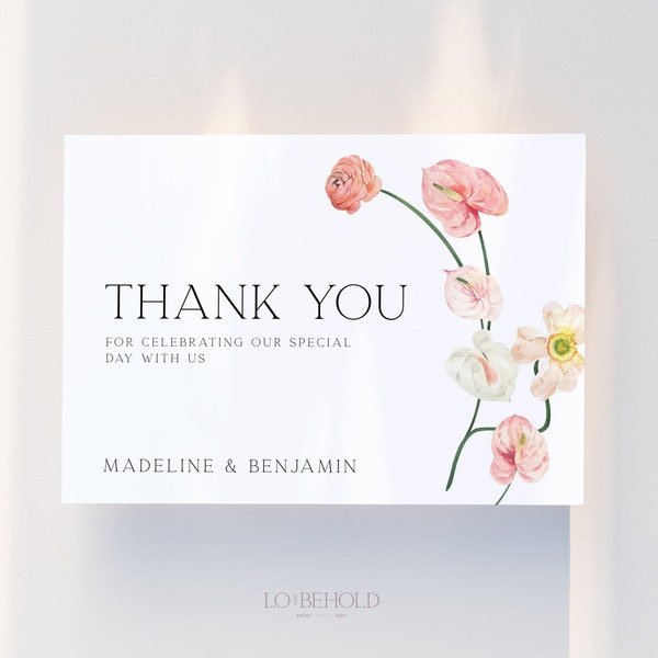 Wedding Thank You Card Template, Spring Floral Printable Thank You, Editable Pink Minimalist Floral Wedding Thank You Card, Folded | LOVE