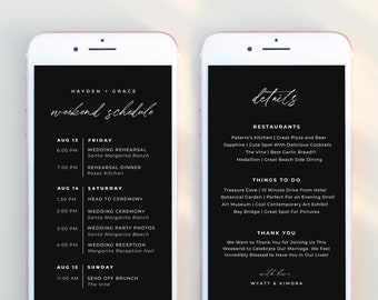 MIDNIGHT | Wedding Weekend Digital Itinerary Template Editable Schedule Minimalist Black Modern Wedding Party Weekend Timeline Text Evite