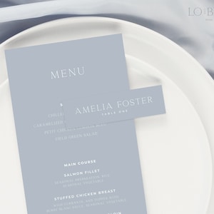 GRACE | Dusty Blue Table Place Card Elegant Minimal Wedding Custom Template Skinny Name Card Printable Instant Download Menu Name Card